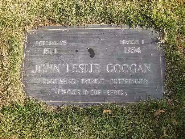 Grave of actor John Leslie "Jackie" Coogan at Holy Cross Cemetery in Culver City, California (section F, tier 56, grave 47). Coogan was born on October 26, 1914 (2011)