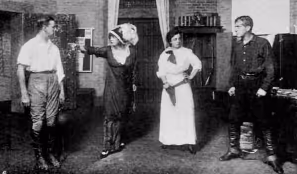 John Barrymore, Katherine Corri Harris, Mary Young, and Frank Campeau in Act III of 'Believe Me, Xantippe' (1913)