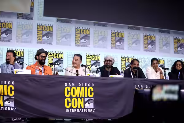 Nag Ashwin, Rana Daggubati, Kamal Haasan, Prabhas, Chalasani Aswani Dutt, Swapna Dutt and Priyanka Dutt speaking at the 2023 San Diego Comic Con International, 