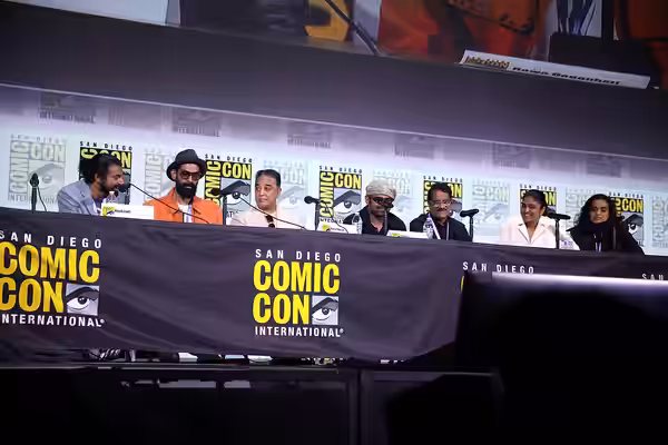 Nag Ashwin, Rana Daggubati, Kamal Haasan, Prabhas, Chalasani Aswani Dutt, Swapna Dutt and Priyanka Dutt speaking at the 2023 San Diego Comic Con International, 