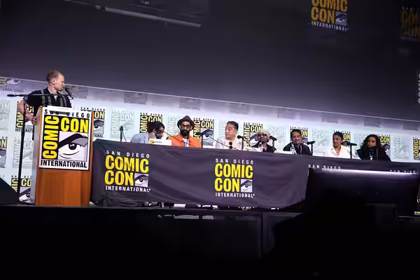 Nag Ashwin, Rana Daggubati, Kamal Haasan, Prabhas, Chalasani Aswani Dutt, Swapna Dutt and Priyanka Dutt speaking at the 2023 San Diego Comic Con International, 