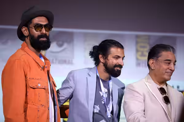Rana Daggubati, Nag Ashwin and Kamal Haasan speaking at the 2023 San Diego Comic Con International, for "Project K", at the San Diego Convention Center in San D
