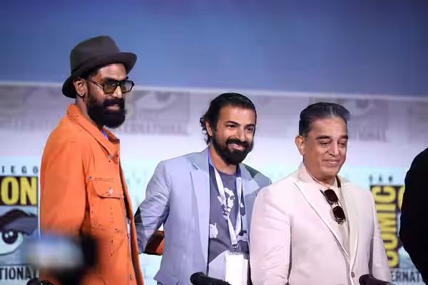 Rana Daggubati, Nag Ashwin and Kamal Haasan speaking at the 2023 San Diego Comic Con International, for "Project K", at the San Diego Convention Center in San D