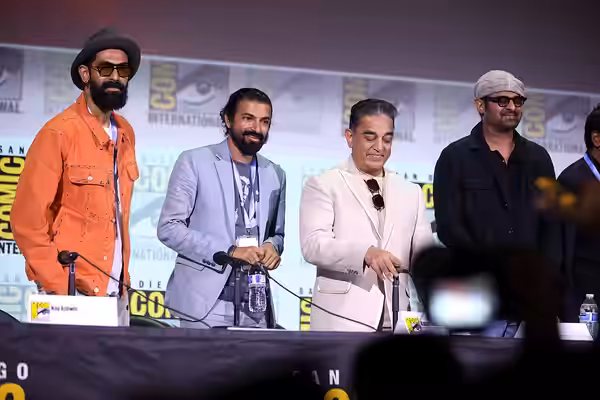 Rana Daggubati, Nag Ashwin, Kamal Haasan and Prabhas speaking at the 2023 San Diego Comic Con International, for "Project K", at the San Diego Convention Center