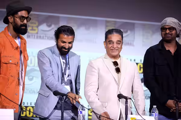Rana Daggubati, Nag Ashwin, Kamal Haasan and Prabhas speaking at the 2023 San Diego Comic Con International, for "Project K", at the San Diego Convention Center