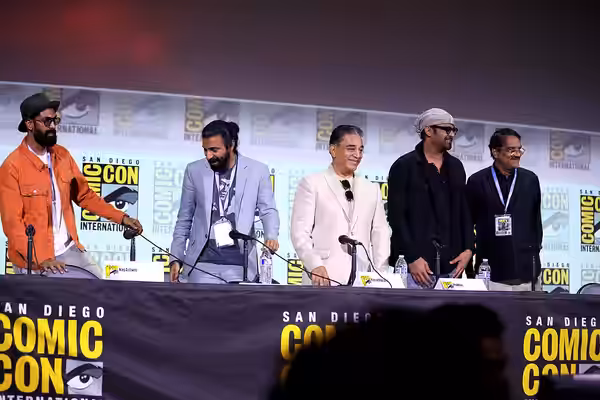 Rana Daggubati, Nag Ashwin, Kamal Haasan, Prabhas and Chalasani Aswani Dutt speaking at the 2023 San Diego Comic Con International, for "Project K", at the San 
