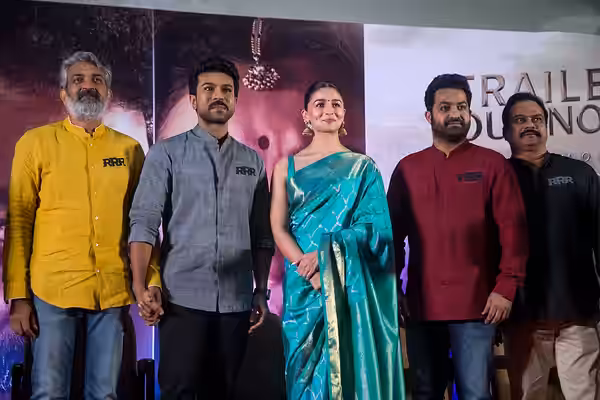 SS Rajamouli, Ram Charan, Alia Bhatt, N.T.Rama Rao Jr. At The RRR Press Meet in Chennai. (2021)