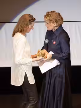 Andrea Arnold at the 2024 Cannes Film Festival receiving the 2024 Carrosse d’Or.