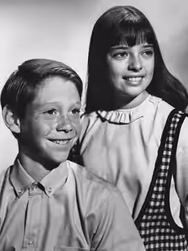 Publicity photo of American child actors, Billy Mumy and Angela Cartwright promoting their roles on the CBS television series Lost in Space.