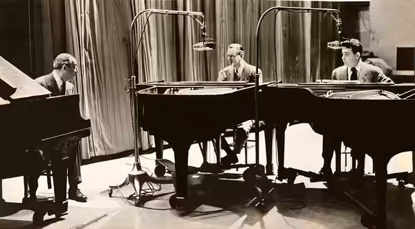 Richard Rodgers; Cy Walter; and Stan Freeman on the Piano Playhouse Show, performed before a live audience, circa late 1940s. From The Cy Walter Collection.