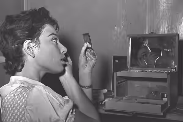 Original Description: CHAJA HARARIT APPLYING MAKE UP AS RACHEL IN THE PERFORMANCE OF "CASABLAN" AT S'DOM. (1954)