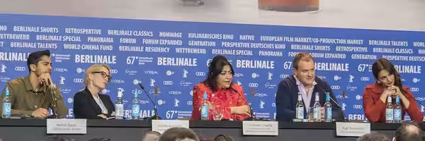 Manish Dayal, Gillian Anderson, Gurinder Chadha, Hugh Bonneville, Huma Qureshi at the press conference of the film Viceroy's House at the 2017 Berlin Internatio