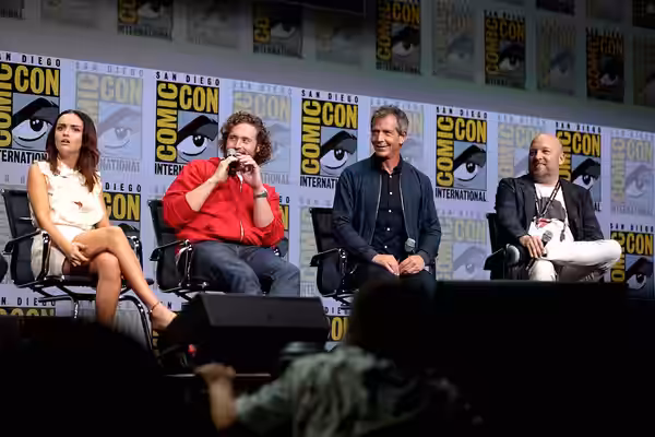 Olivia Cooke, T.J. Miller, Ben Mendelsohn and Zak Penn speaking at the 2017 San Diego Comic Con International, for "Ready Player One", at the San Diego Conventi