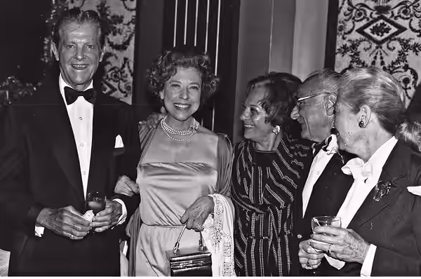 Robert Cummings, Judy Canova, unknown person, Fritz Feld, Virginia Christine at the National Film Society convention, May 1979. NOTE: Permission granted to copy