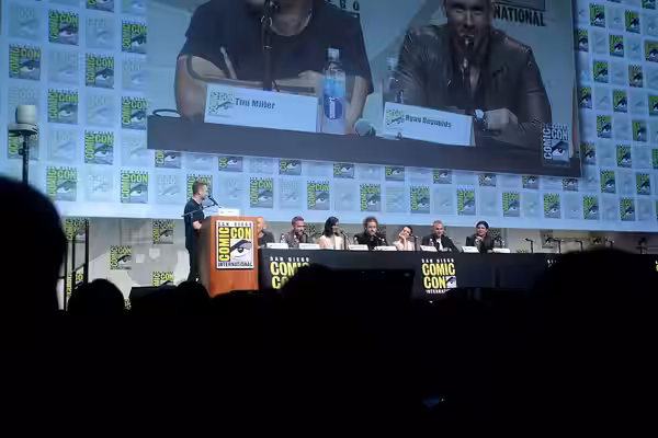 Chris Hardwick, Tim Miller, Ryan Reynolds, Morena Baccarin, T. J. Miller, Brianna Hildebrand, Ed Skrein and Gina Carano speaking at the 2015 San Diego Comic Con
