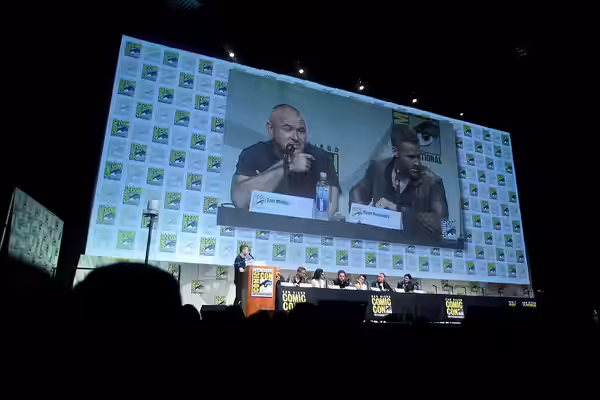 Chris Hardwick, Tim Miller, Ryan Reynolds, Morena Baccarin, T. J. Miller, Brianna Hildebrand, Ed Skrein and Gina Carano speaking at the 2015 San Diego Comic Con