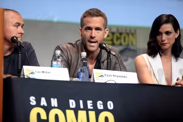 Tim Miller, Ryan Reynolds and Morena Baccarin speaking at the 2015 San Diego Comic Con International, for "Deadpool", at the San Diego Convention Center in San 