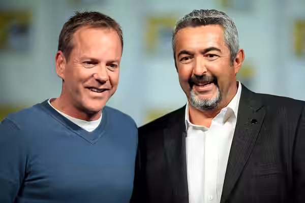 Kiefer Sutherland and Jon Cassar speaking at the 2014 San Diego Comic Con International, for "24: Live Another Day", at the San Diego Convention Center in San D