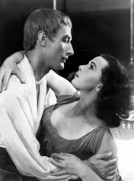 Photo of John Neville and Claire Bloom in Romeo and Juliet from the television program Producers' Showcase. (1957)