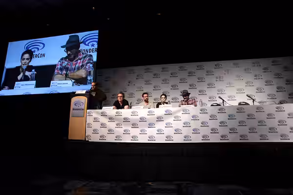 Eric Goldman, Brannon Braga, Shane West, Janet Montgomery and Adam Simon speaking at the 2015 Wondercon, for "Salem", at the Anaheim Convention Center in Anahei