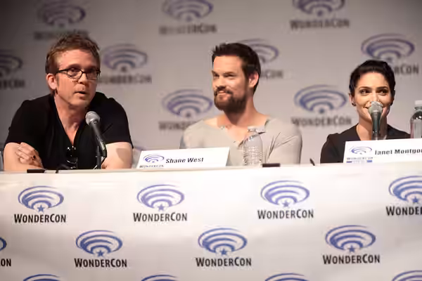 Brannon Braga, Shane West and Janet Montgomery speaking at the 2015 Wondercon, for "Salem", at the Anaheim Convention Center in Anaheim, California. Please attr