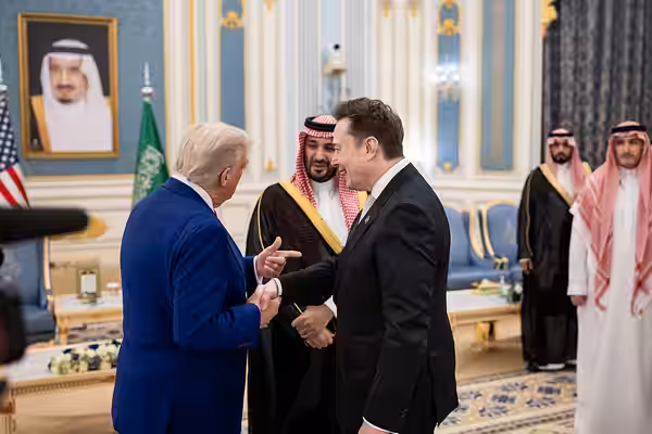 President Donald Trump and Saudi Crown Prince Mohammed Bin Salman Al Saud greet Elon Musk during a welcome ceremony at the Royal Court Palace in Riyadh, Saudi A (2025)