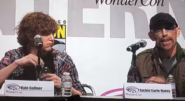 Actors Kyle Gallner and Jackie Earle Haley participating in the panel for A Nightmare on Elm Street at WonderCon 2010.