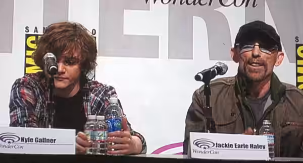 Actors Kyle Gallner and Jackie Earle Haley participating in the panel for A Nightmare on Elm Street at WonderCon 2010.