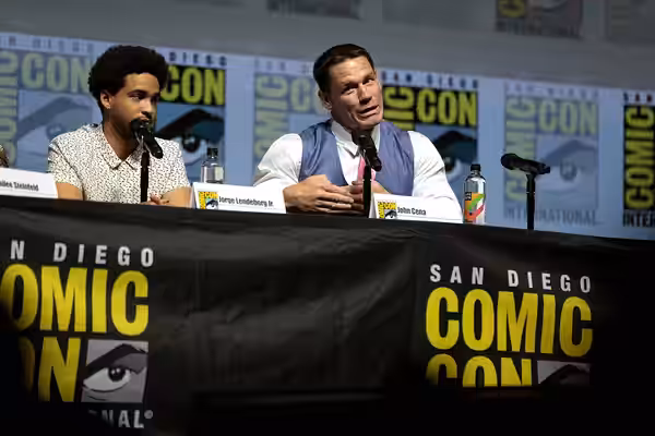 Jorge Lendeborg Jr. and John Cena speaking at the 2018 San Diego Comic Con International, for "Bumblebee", at the San Diego Convention Center in San Diego, Cali