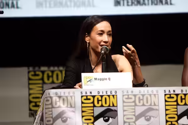 Maggie Q speaking at the 2013 San Diego Comic Con International, for Entertainment Weekly's "Women Who Kick Ass" panel, at the San Diego Convention Center in Sa