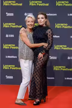 Emma Thompson and Gaia Wise attend the 'The Dead of Winter' red carpet during the 78th Locarno Film Festival on August 08, 2025 in Locarno, Switzerland.