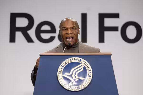 Former Undisputed World Heavyweight Champion Mike Tyson delivers some remarks during an update on the implementation of the Dietary Guidelines for Americans, 20