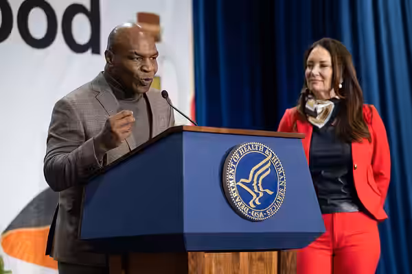 Former Undisputed World Heavyweight Champion Mike Tyson delivers some remarks during an update on the implementation of the Dietary Guidelines for Americans, 20