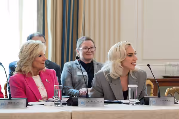 First Lady Jill Biden sits next to Lady Gaga at a meeting with members of the President’s Committee on the Arts and Humanities (PCAH), Wednesday, September 13,  (2023)