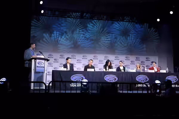Dan Larson, Yoshi Ikezawa, Mark Dacascos, Famke Janssen, Nick Stahl, Madison Iseman and Diego Tinoco speaking at the 2023 WonderCon, for "Knights of the Zodiac"