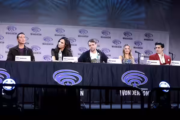Mark Dacascos, Famke Janssen, Nick Stahl, Madison Iseman and Diego Tinoco speaking at the 2023 WonderCon, for "Knights of the Zodiac", at the Anaheim Convention