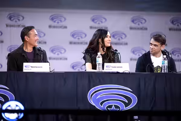 Mark Dacascos, Famke Janssen and Nick Stahl speaking at the 2023 WonderCon, for "Knights of the Zodiac", at the Anaheim Convention Center in Anaheim, California