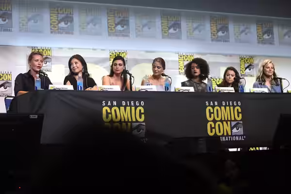 Connie Nielsen, Ming-Na Wen, Morena Baccarin, Melissa Benoist, Nathalie Emmanuel, Tatiana Maslany and Lucy Lawless speaking at the 2016 San Diego Comic Con Inte