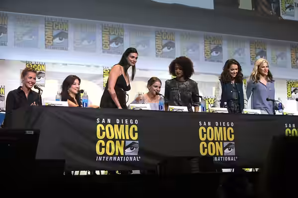 Connie Nielsen, Ming-Na Wen, Morena Baccarin, Melissa Benoist, Nathalie Emmanuel, Tatiana Maslany and Lucy Lawless speaking at the 2016 San Diego Comic Con Inte