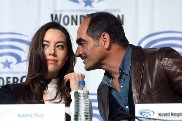 Aubrey Plaza and Navid Negahban speaking at the 2019 WonderCon, for "Legion", at the Anaheim Convention Center in Anaheim, California. Please attribute to Gage 