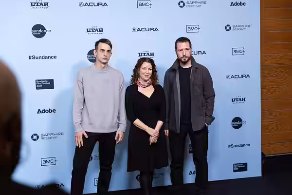 Alex Babenko, Raney Aronson Rath, and Mstyslav Chernov at the 2025 Sundance Film Festival for the premiere of “2000 Meters to ANDRIIVKA”