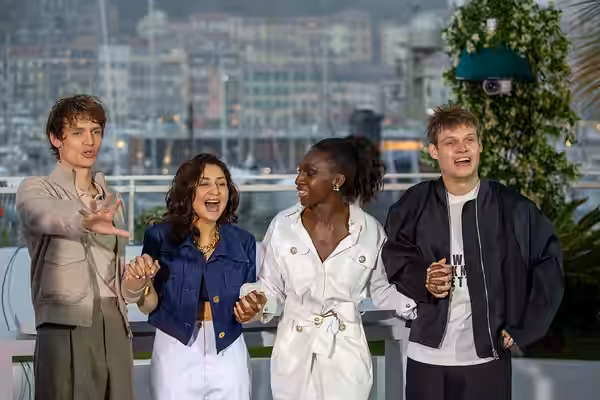 Oscar Lesage, Katayoon Latif, Eye Haïdara, Augustin DeWinter at 2025 Cannes Adami Photocall