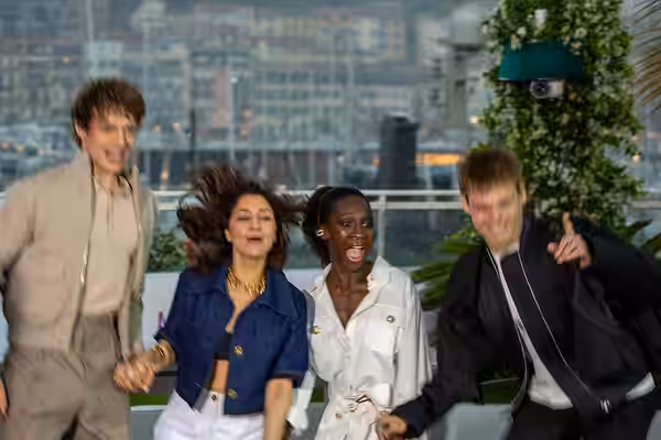 Oscar Lesage, Katayoon Latif, Eye Haïdara, Augustin DeWinter at 2025 Cannes Adami Photocall