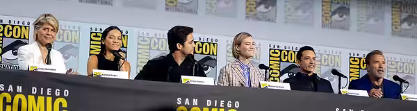 Linda Hamilton, Natalia Reyes, Diego Boneta, Mackenzie Davis, Gabriel Luna and Arnold Schwarzenegger speaking at the 2019 San Diego Comic Con International, for