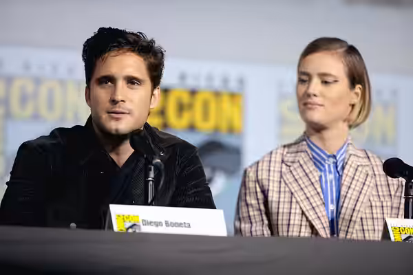 Diego Boneta and Mackenzie Davis speaking at the 2019 San Diego Comic Con International, for "Terminator: Dark Fate", at the San Diego Convention Center in San 