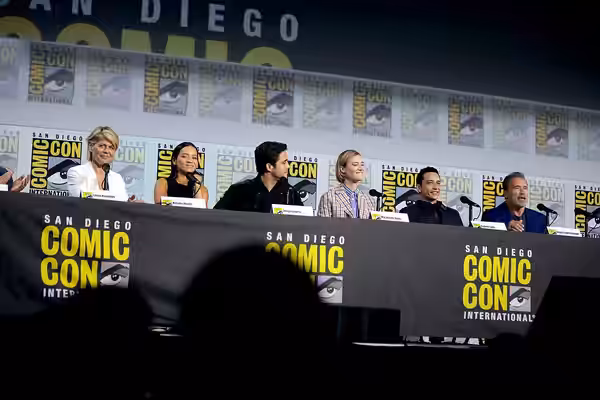 Linda Hamilton, Natalia Reyes, Diego Boneta, Mackenzie Davis, Gabriel Luna and Arnold Schwarzenegger speaking at the 2019 San Diego Comic Con International, for