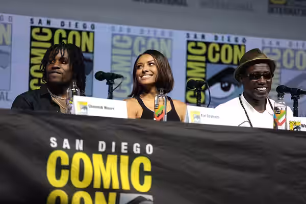 Shameik Moore, Kat Graham and Wesley Snipes speaking at the 2018 San Diego Comic Con International, for "Cut Throat City", at the San Diego Convention Center in