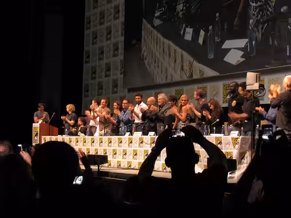 The full X-Men: Days of Future Past panel with [right to left] produer Hutch Parker Lauren Shuler Donner, writer/producer Simon Kinberg, Omar Sy, Ellen Paige, S (2013)