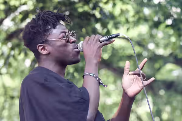 Musician Moses Sumney performing at Pitchfork Music Festival 2016 in Chicago, Illinois.