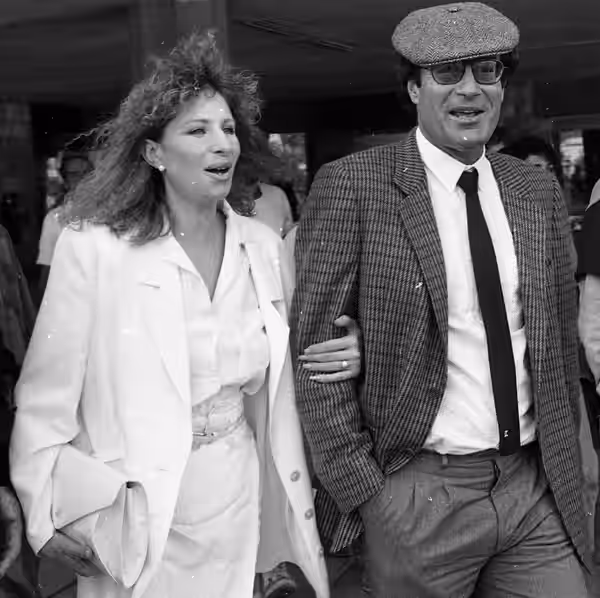 Barbra Streisand arriving to the opening ceremony of the Streisand building for Jewish Study at the Tel Aviv University. At right Arnon Milchin